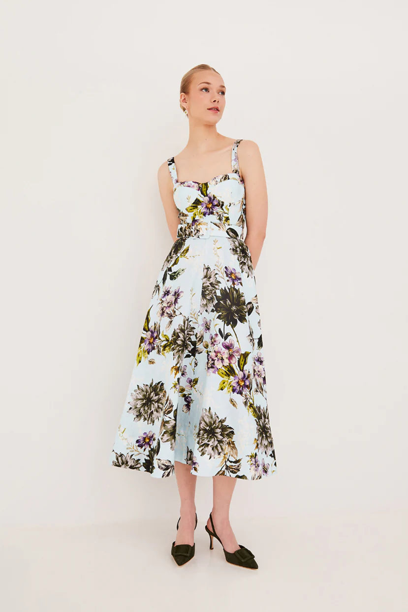 calypso midi dress Calypso Smocked Midi Dress Black Floral Sateen Brown Multi / L