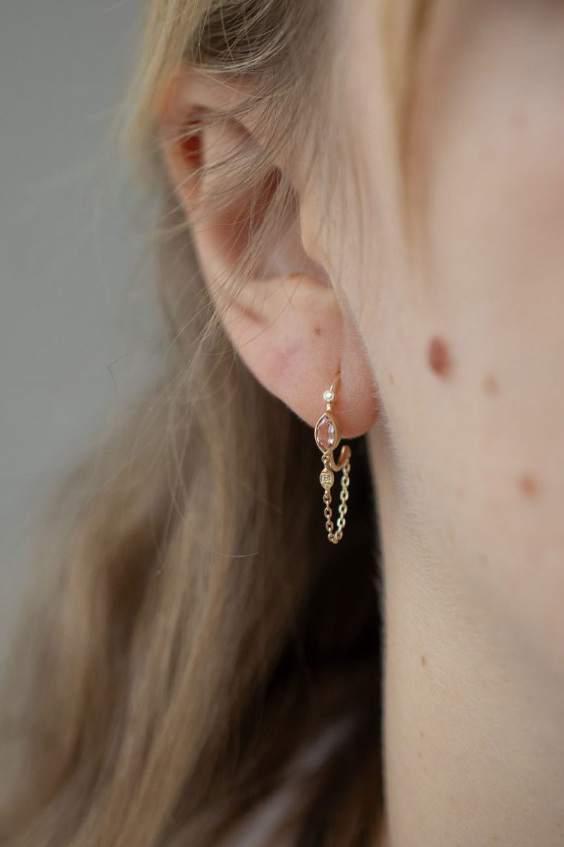 Pink Tourmaline & Diamond Eye Single Hoop Earring - 14k Yellow Gold