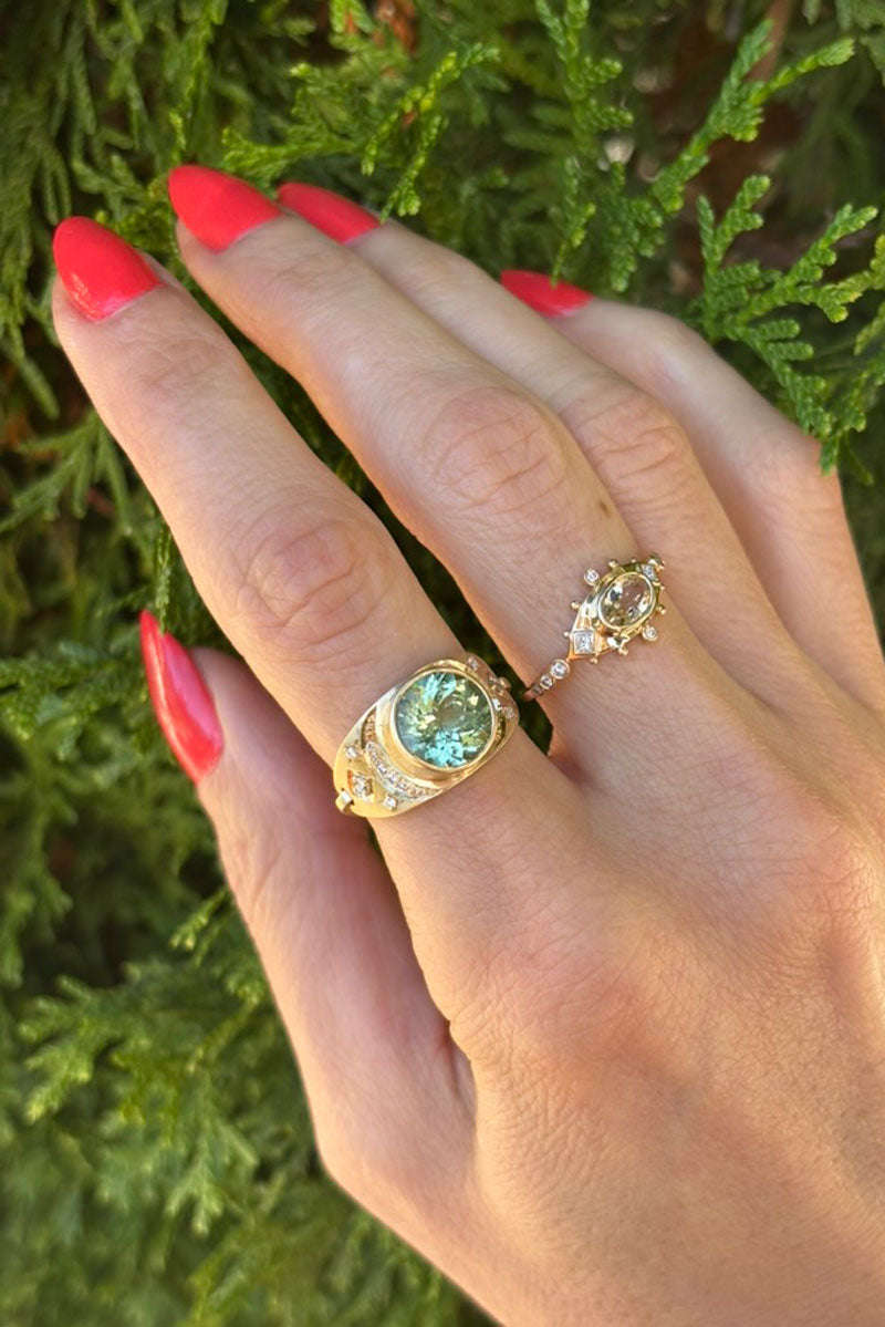 Tourmaline Plate Ring - Tourmaline White Diamonds 14k Yellow Gold