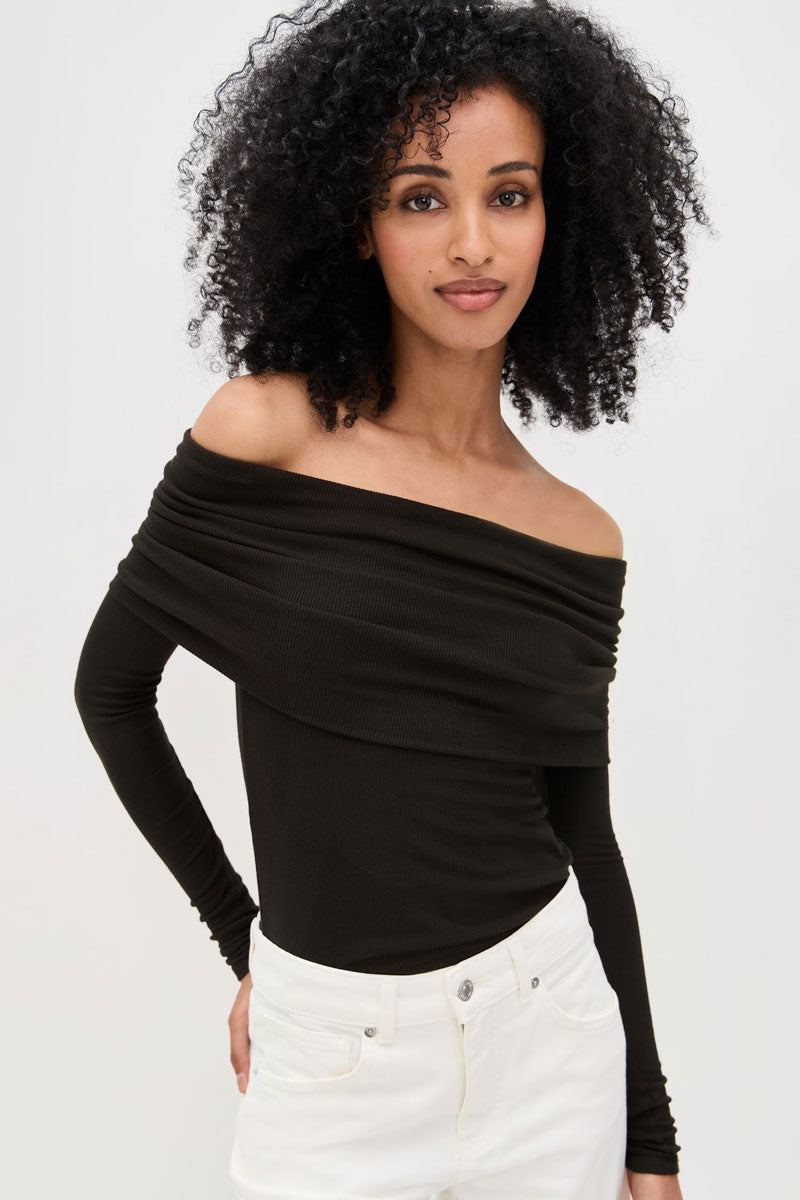 Silk Rib L/S Off-Shoulder Top - Black