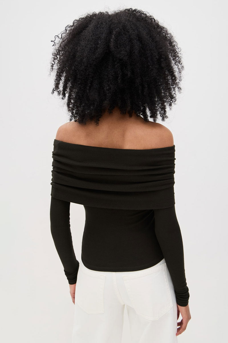Silk Rib L/S Off-Shoulder Top - Black