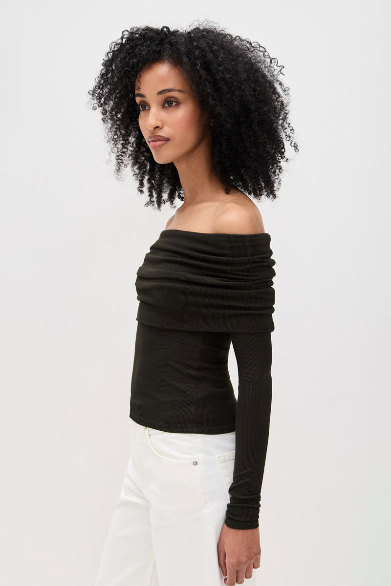 Silk Rib L/S Off-Shoulder Top - Black