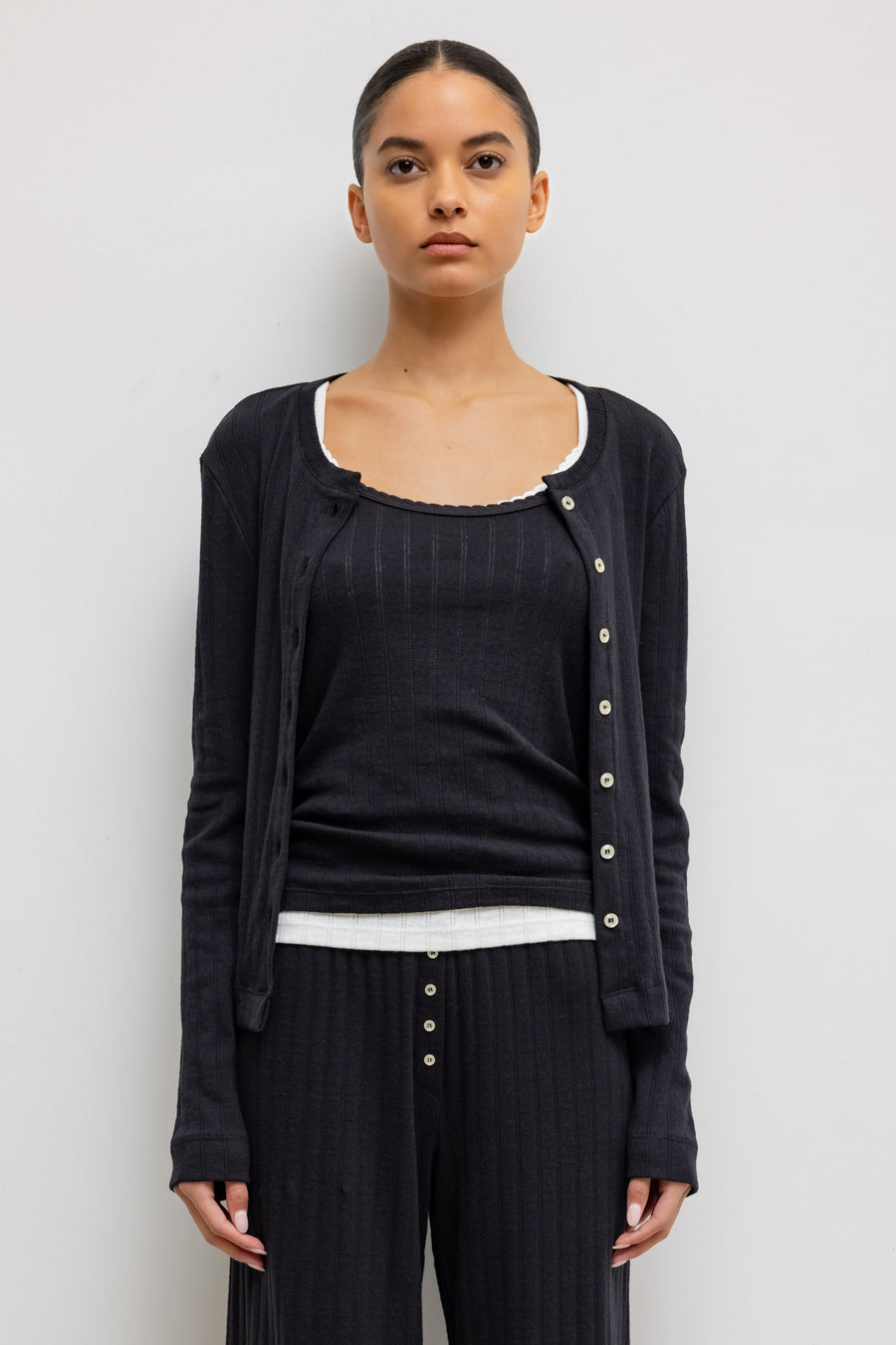 Pointelle Classic Crew Cardigan - Black