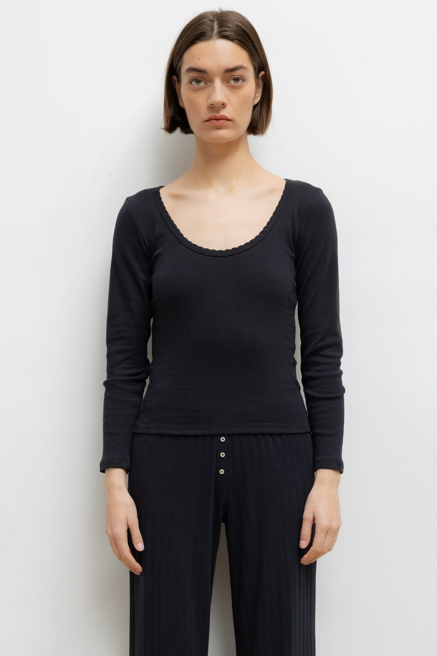 Pointelle Long Sleeve Scoop Neck - Black