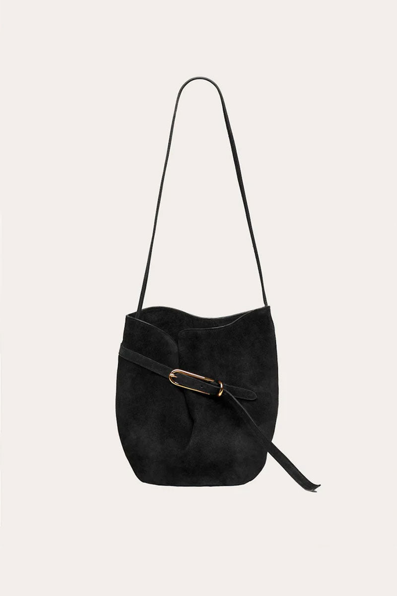 Belted Bucket Bag - Black Suede