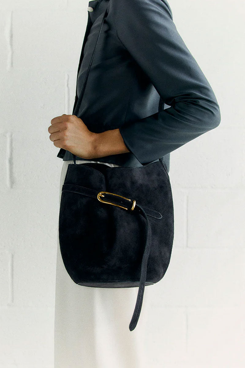Belted Bucket Bag - Black Suede