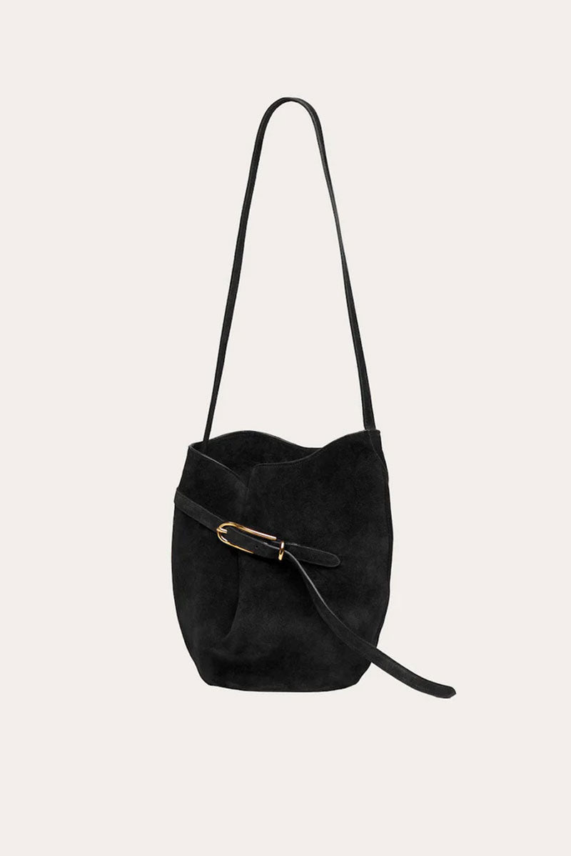 Belted Bucket Bag - Black Suede