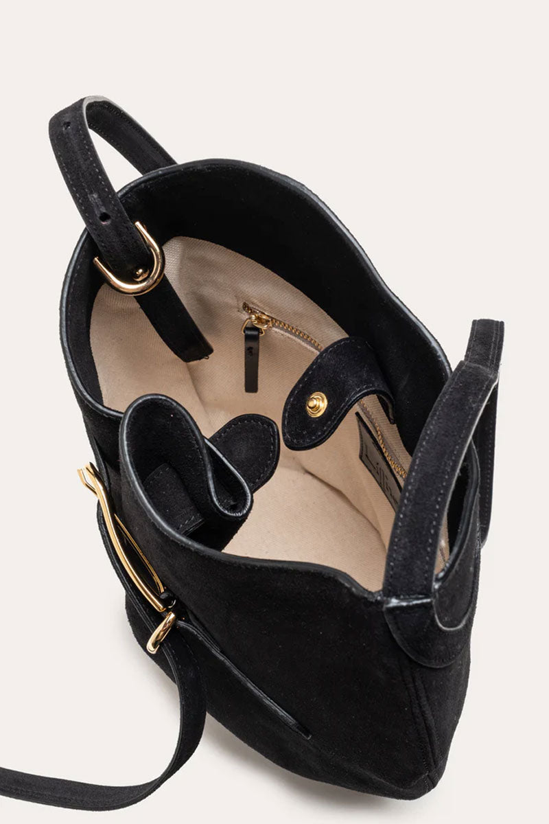 Belted Bucket Bag - Black Suede