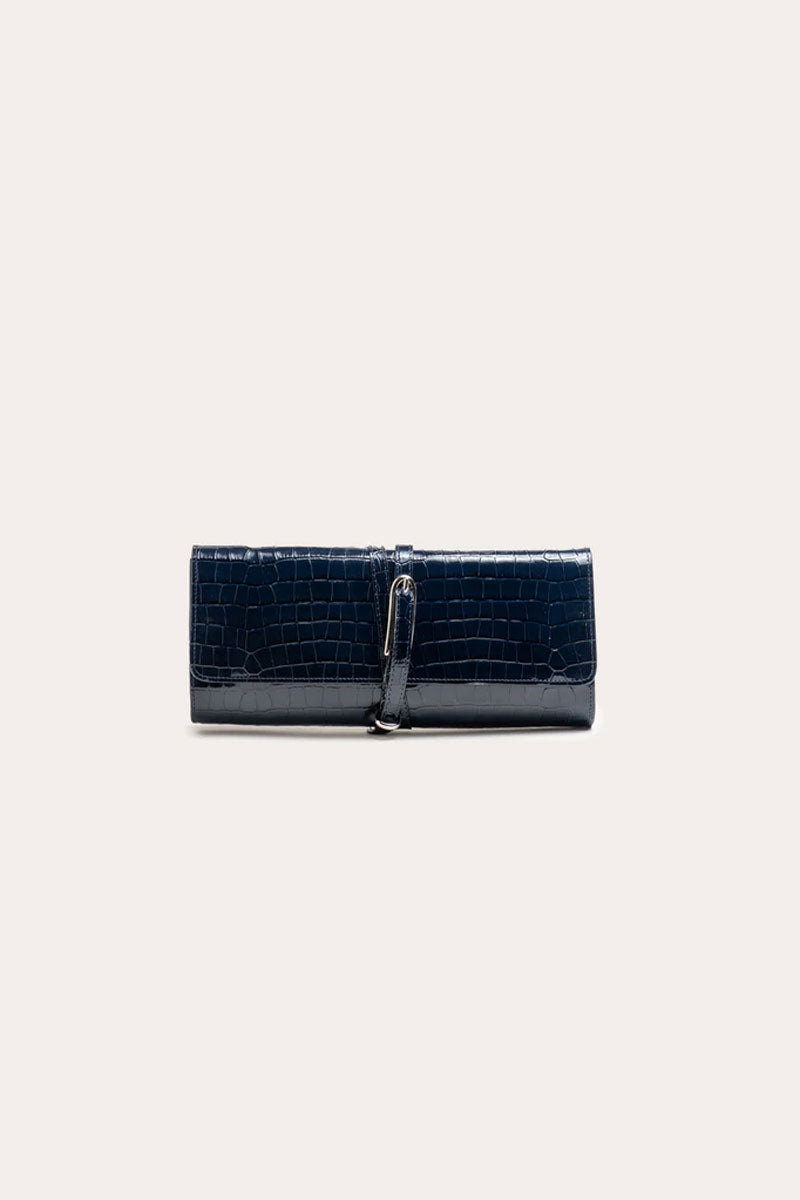 Belted Clutch - Navy Embossed Croc Leather