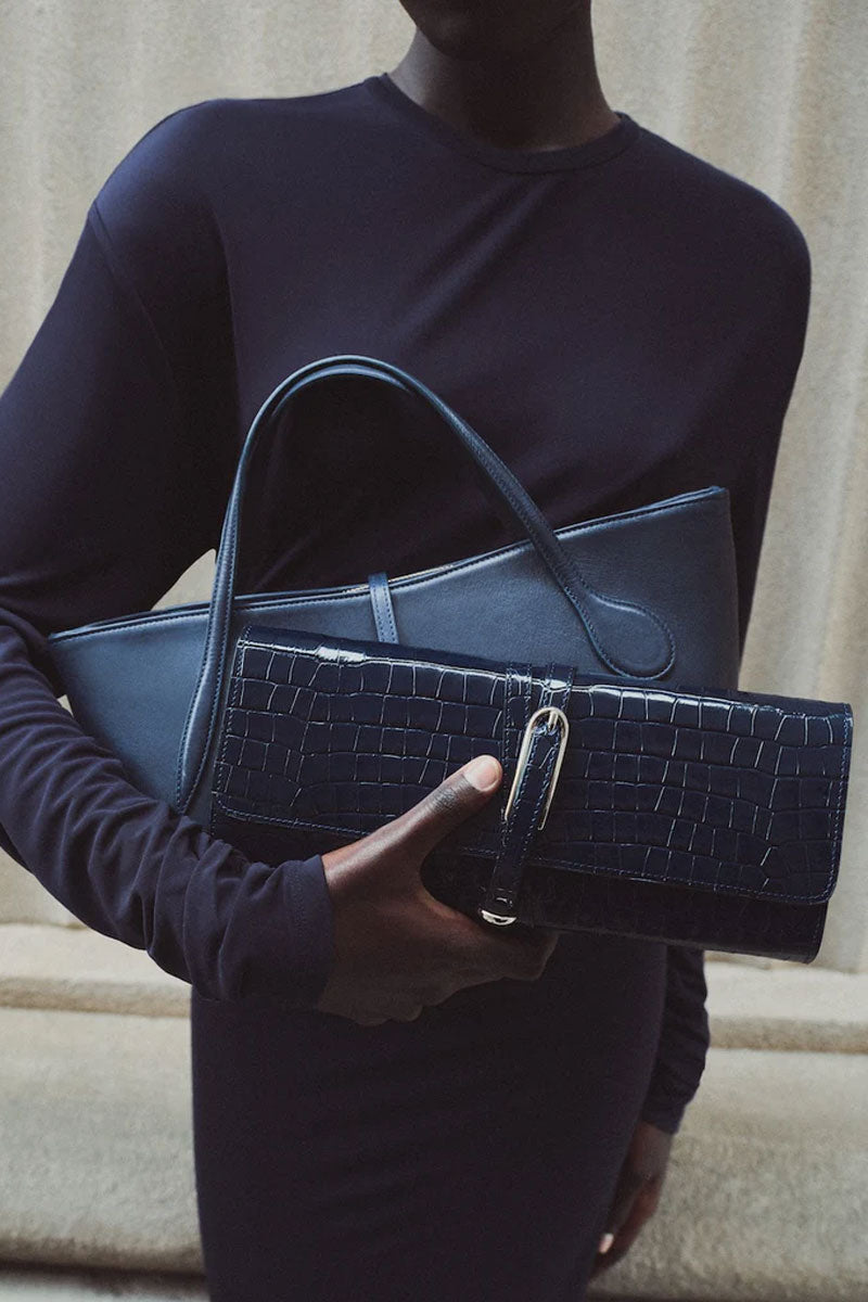 Belted Clutch - Navy Embossed Croc Leather