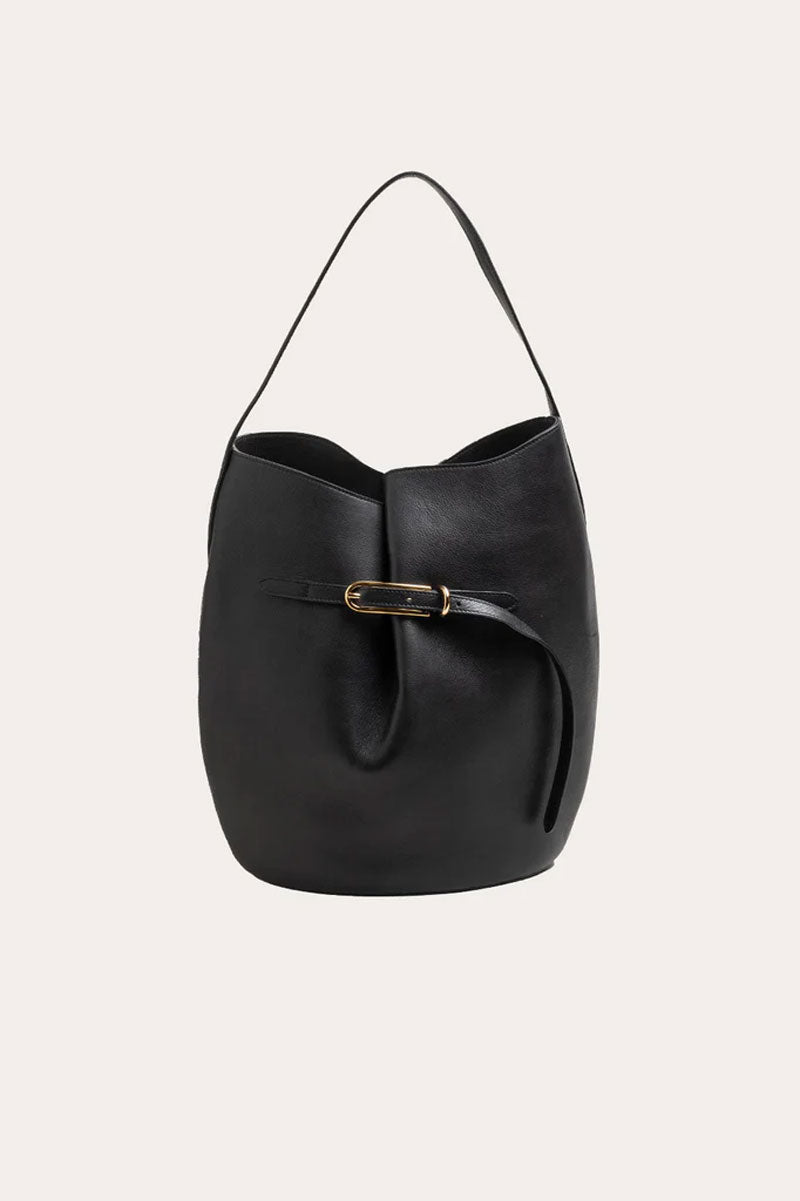 Large Belted Bucket Bag - Black Calf Leather