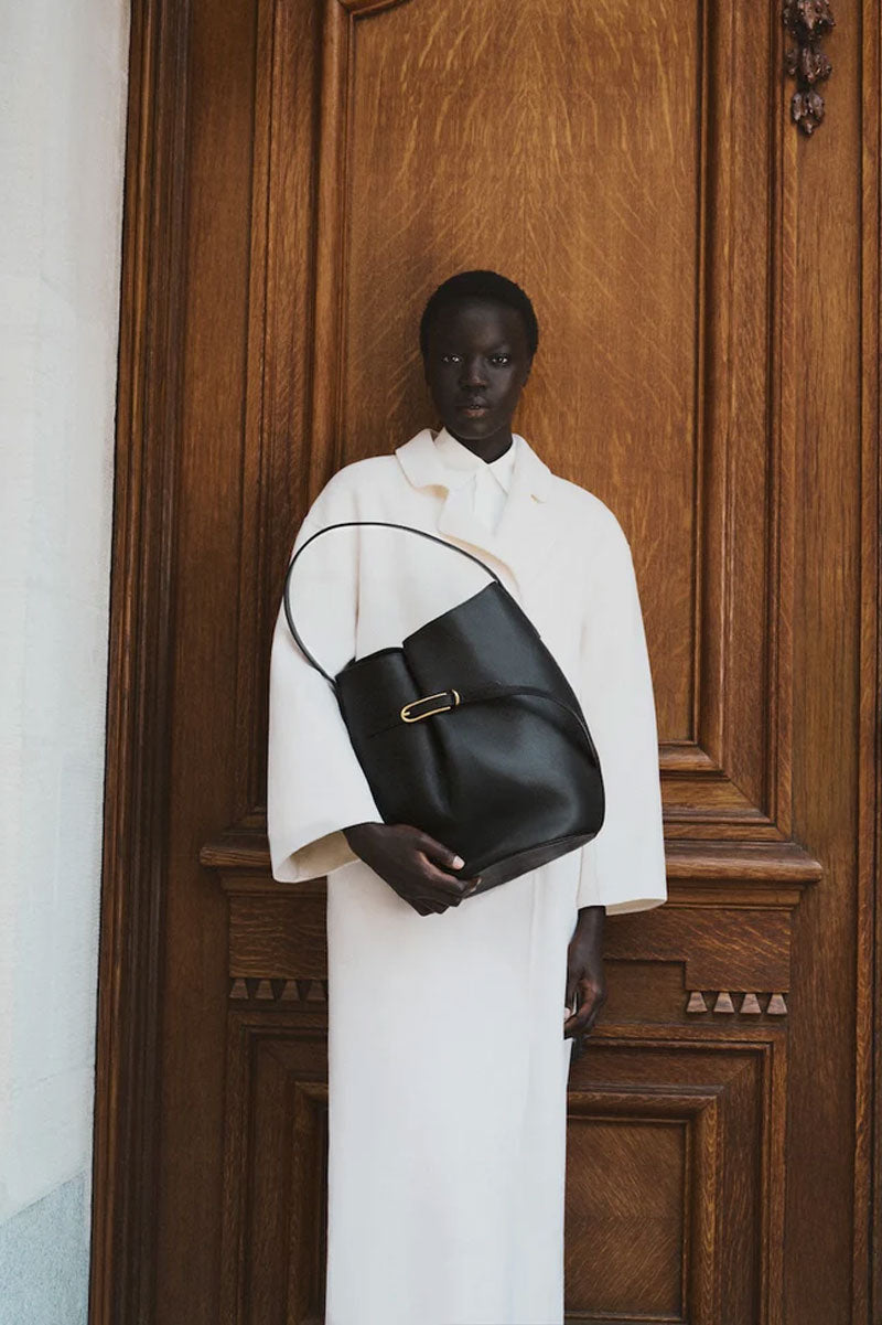 Large Belted Bucket Bag - Black Calf Leather