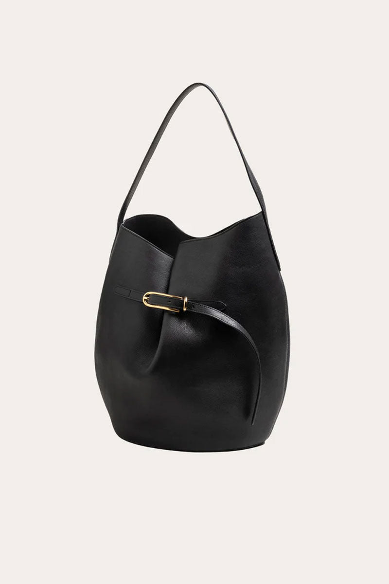 Large Belted Bucket Bag - Black Calf Leather