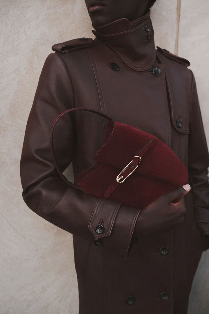 Belted Bucket Mini Bag - Maroon Suede