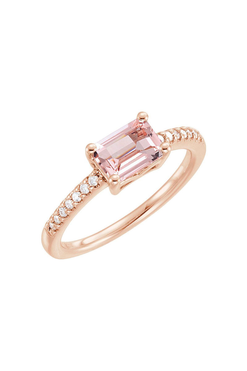 Emerald Cut Solitaire Ring - Peach Morganite Diamonds 14k Rose Gold