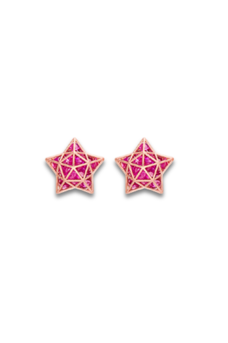Roulette Star Stud Earrings - Rubies in 18k Rose Gold