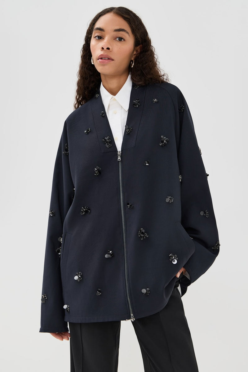 Tropical Wool Beaded Bomber - Navy