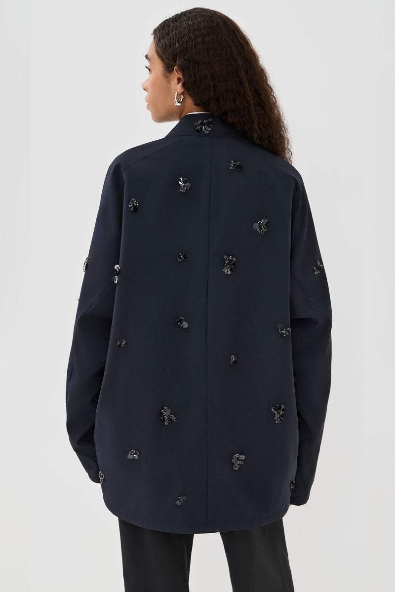 Tropical Wool Beaded Bomber - Navy