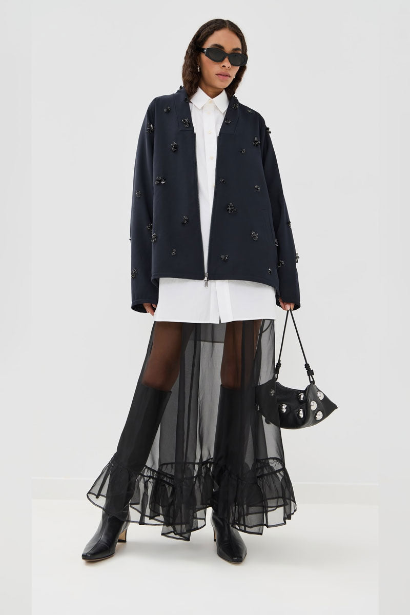 Tropical Wool Beaded Bomber - Navy