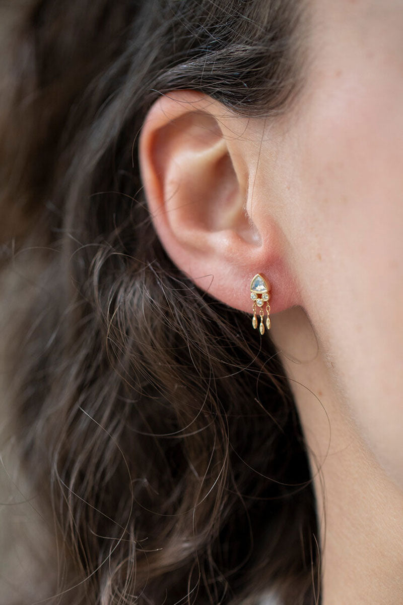 Triangle Moonstone and Dangling Diamonds Single Earring - Diamonds and Yellow Gold